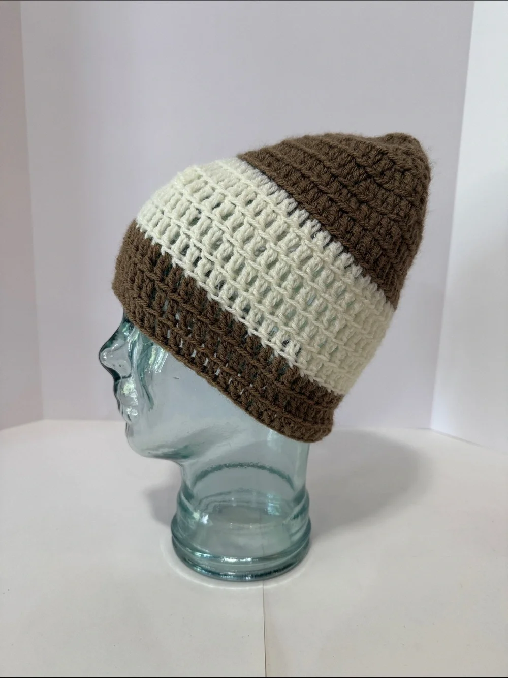 Striped Brown and Cream Crochet Beanie